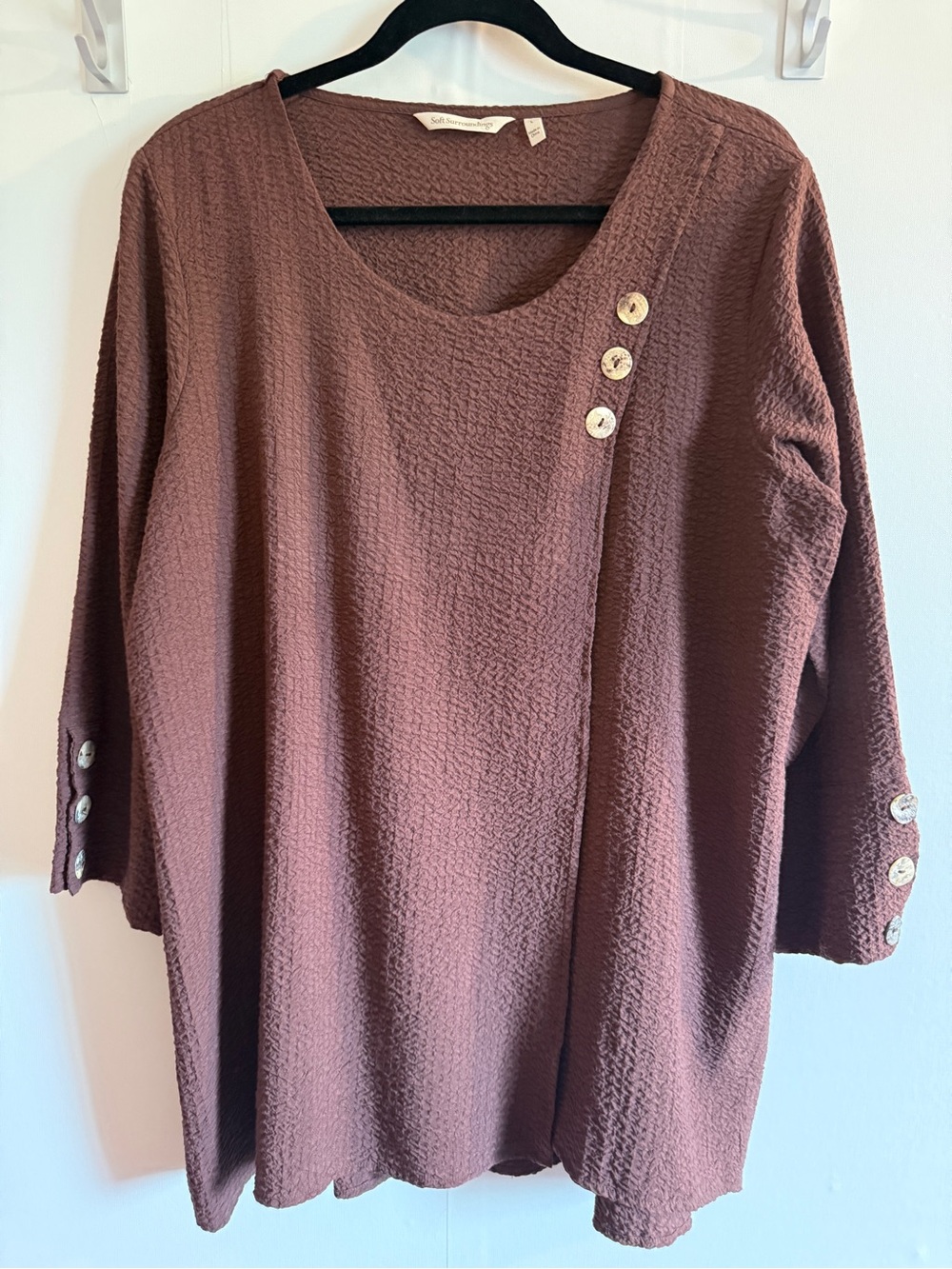Soft Surroundings Brown Textured Tunic Top L Crinkle Knit Button Sleeve Boho